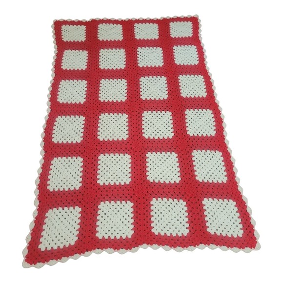 Crochet Lap Blanket Afghan Geometric Square Red White Throw Approx. 60in… - Picture 1 of 6